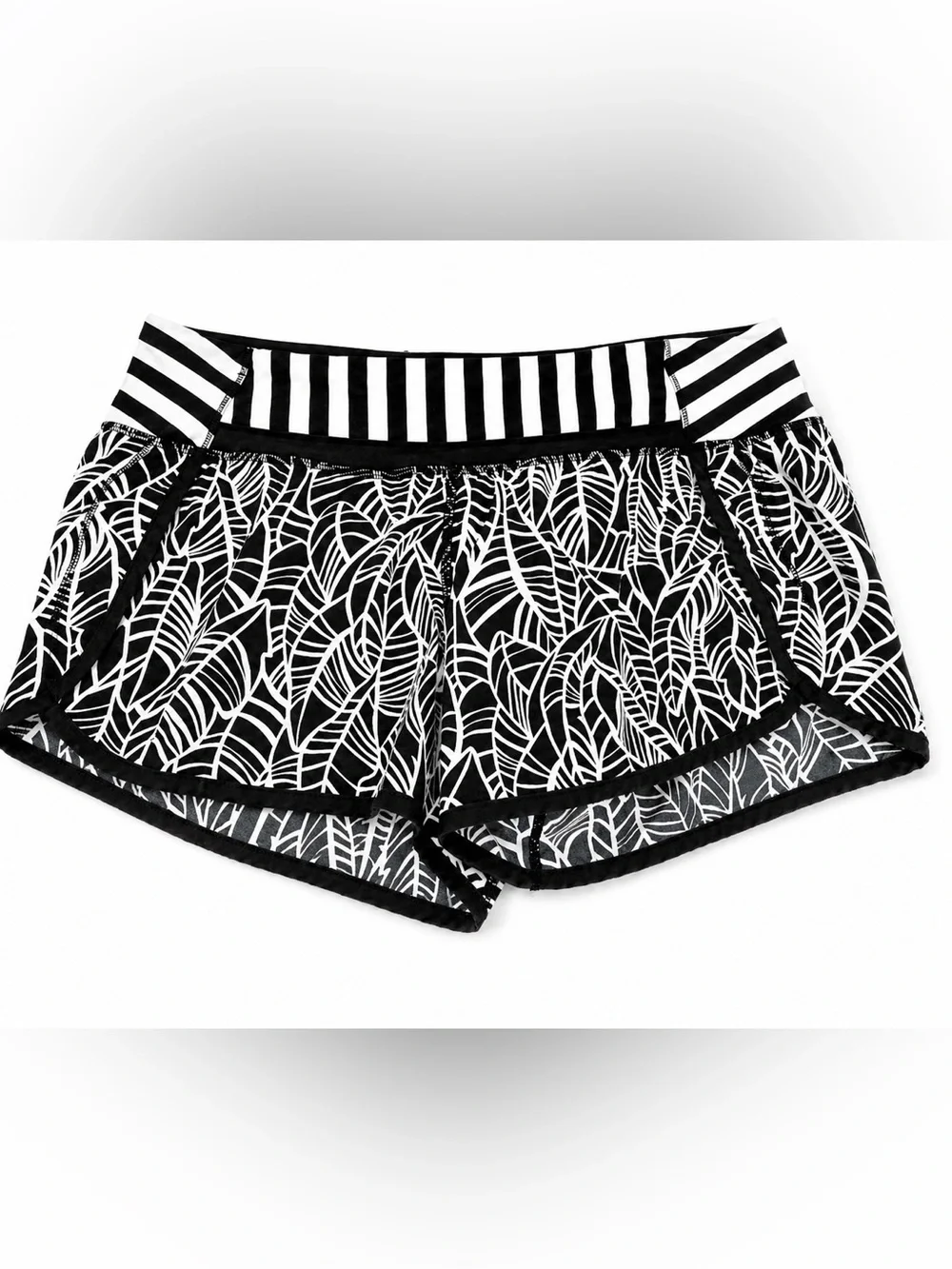 Lululemon Speed Shorts black & white palm leaf w stripe waist 10